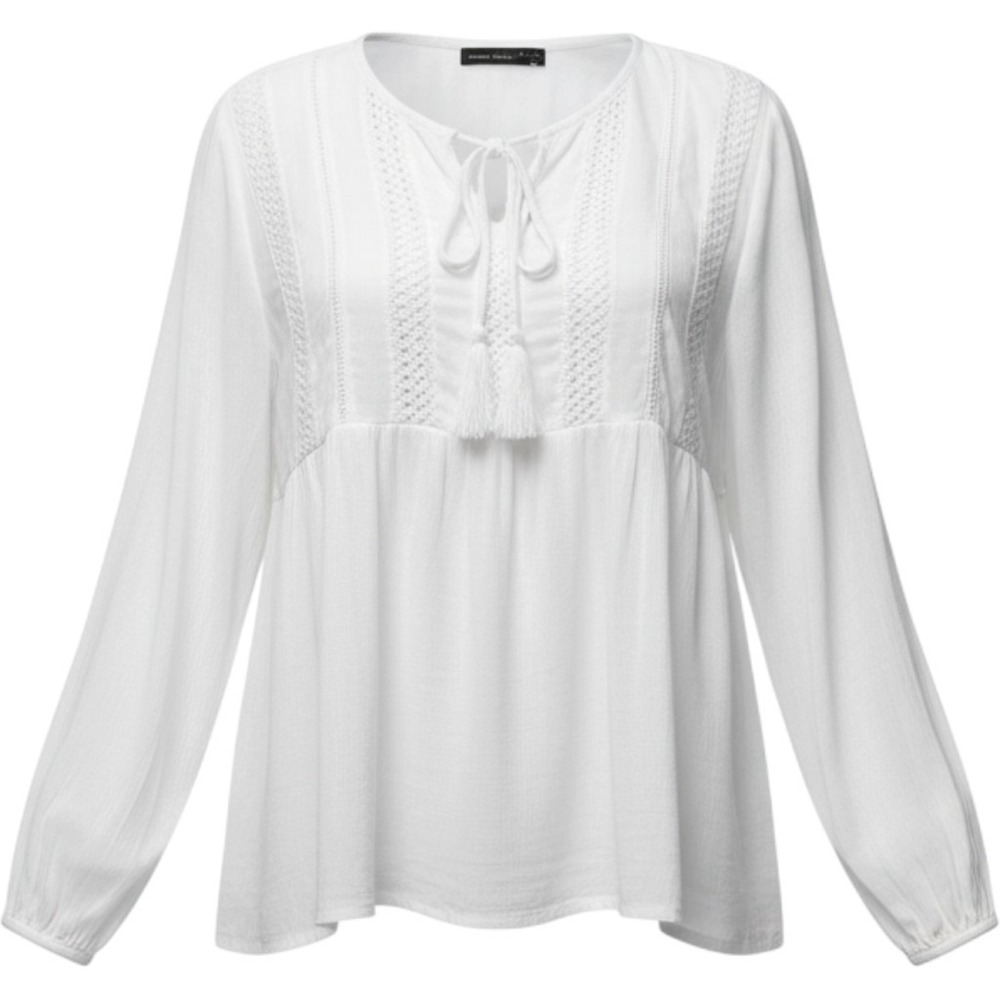 Amanda Green Peasant Blouse Womens XXL White Boho Lace Tassel Babydoll Top